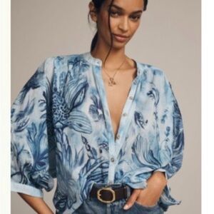 Pilcro Blue and Navy Floral Button-Front Blouse